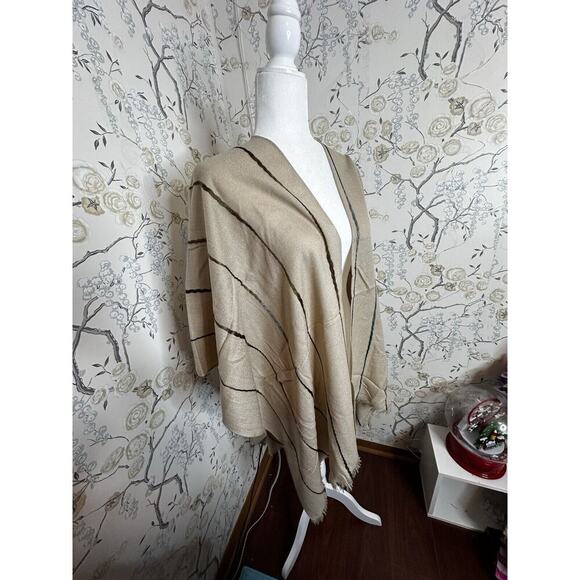 Echo Poncho Wrap Scarf Stripes Cream Fringe Wool - Picture 2 of 5